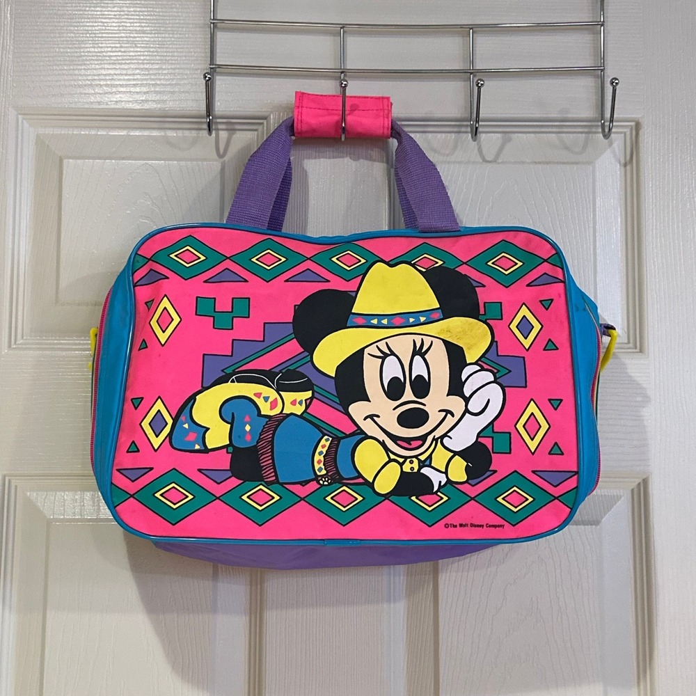Vintage Disney Minnie Mouse‎ Cowgirl Duffel Bag Neon Pink 90s Travel Tote 18.5in
